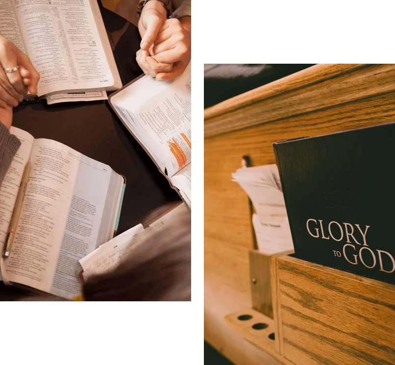 Two pictures of people reading bibles and a desk.