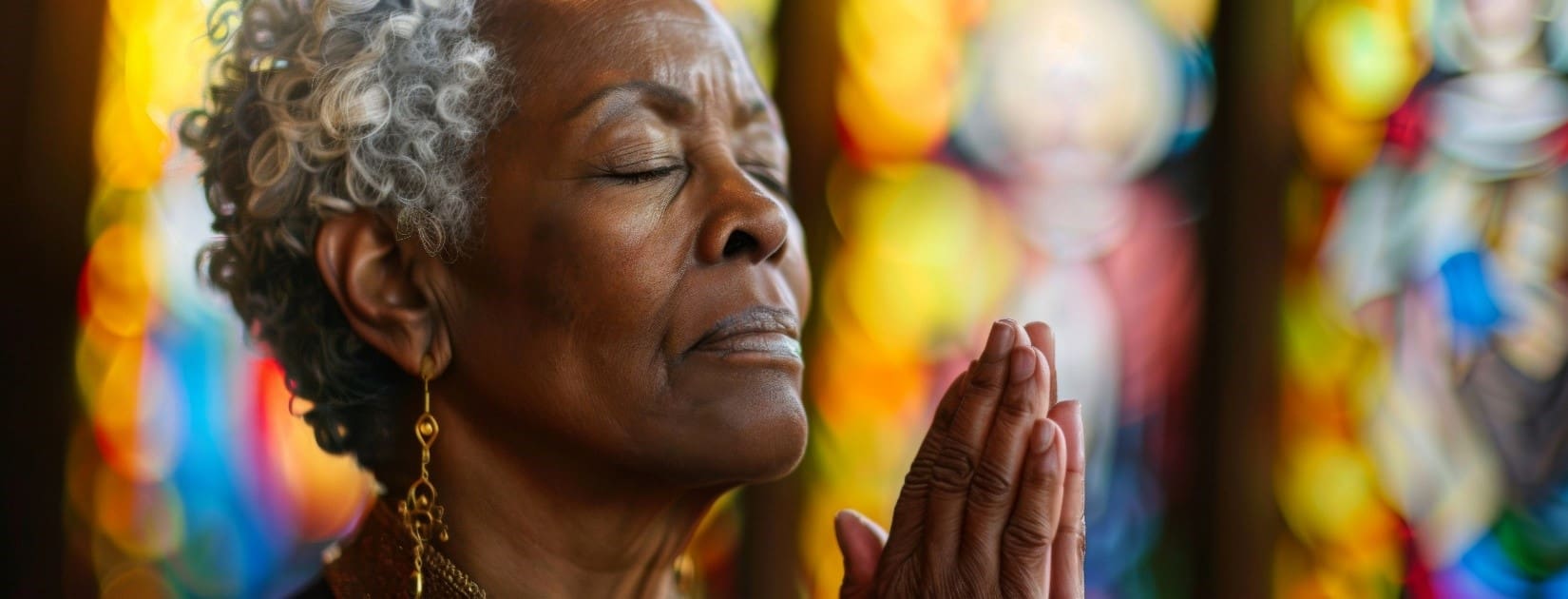 Woman praying with eyes closed.