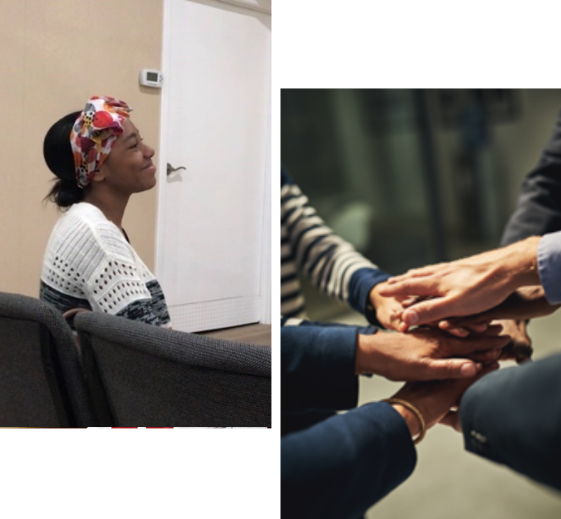 Woman in headband and people with hands stacked.